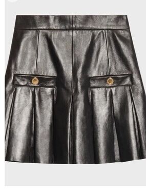 Sandro 100% Leather Pleated Mini Skirt with Gold Button Detail